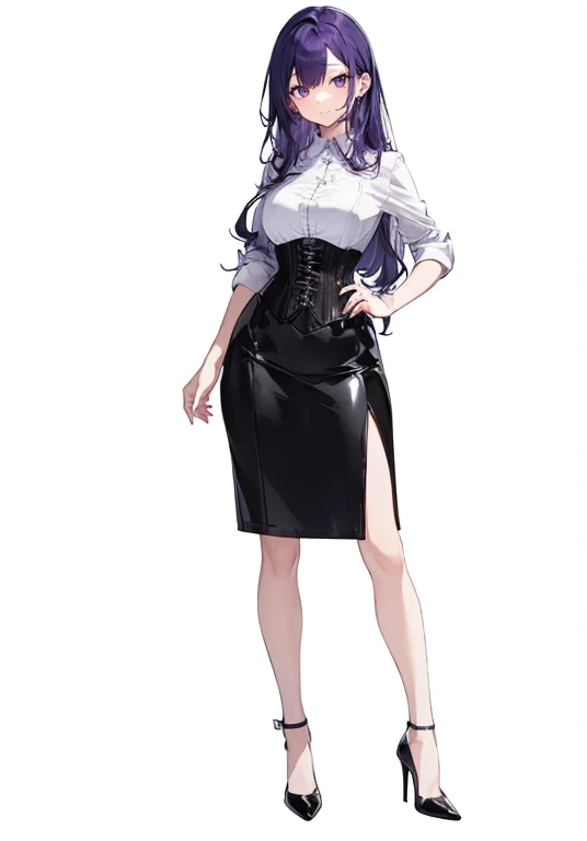 Purple Hair,((Very voluminous long hair)),Adult female,White Y-shirt,((Roll up her sleeves)),(((Roll up your sleeves))),(corset),(Black tight skirt),(High heels),((A simple, blank white background)),smile,((full body)),((whole body)),