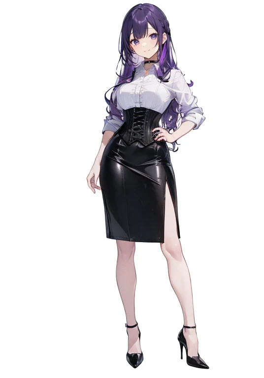 Purple Hair,((Very voluminous long hair)),Adult female,White Y-shirt,((Roll up her sleeves)),(((Roll up your sleeves))),(corset),(Black tight skirt),(High heels),((A simple, blank white background)),smile,((full body)),((whole body)),