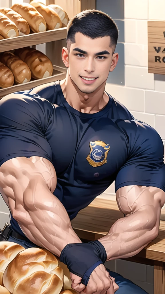 (: 1.5), (handsome Man sitting on table eating bread ),(crew cut short hair:1.8),black eye,(Wear a fitted round neck t-shirt in navy with a police badge.:1.5),(fit neck),Navy blue jeans,(black_gloves:1.2), Korean guy, muscles,large arm muscles,blood vessel,Big muscles,Broad shoulders, (open mouth:1.2),(face up:1.2),(open eyes:1.5), middle of the road,smile, In the bread shop,