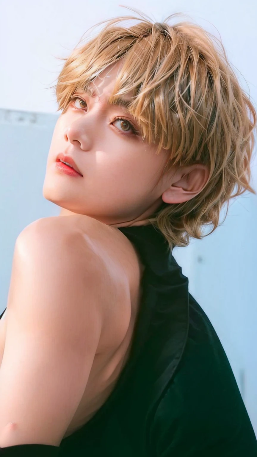 a close-up of a person with a black blouse and blonde hair, cai xukun, taehyung, main visuals of the anime, portray a woman as reo, Kim taehyung, with short hair, por taehyung, Sui Ishida, ayami you are, also, macoto takahashi, offcial art, than