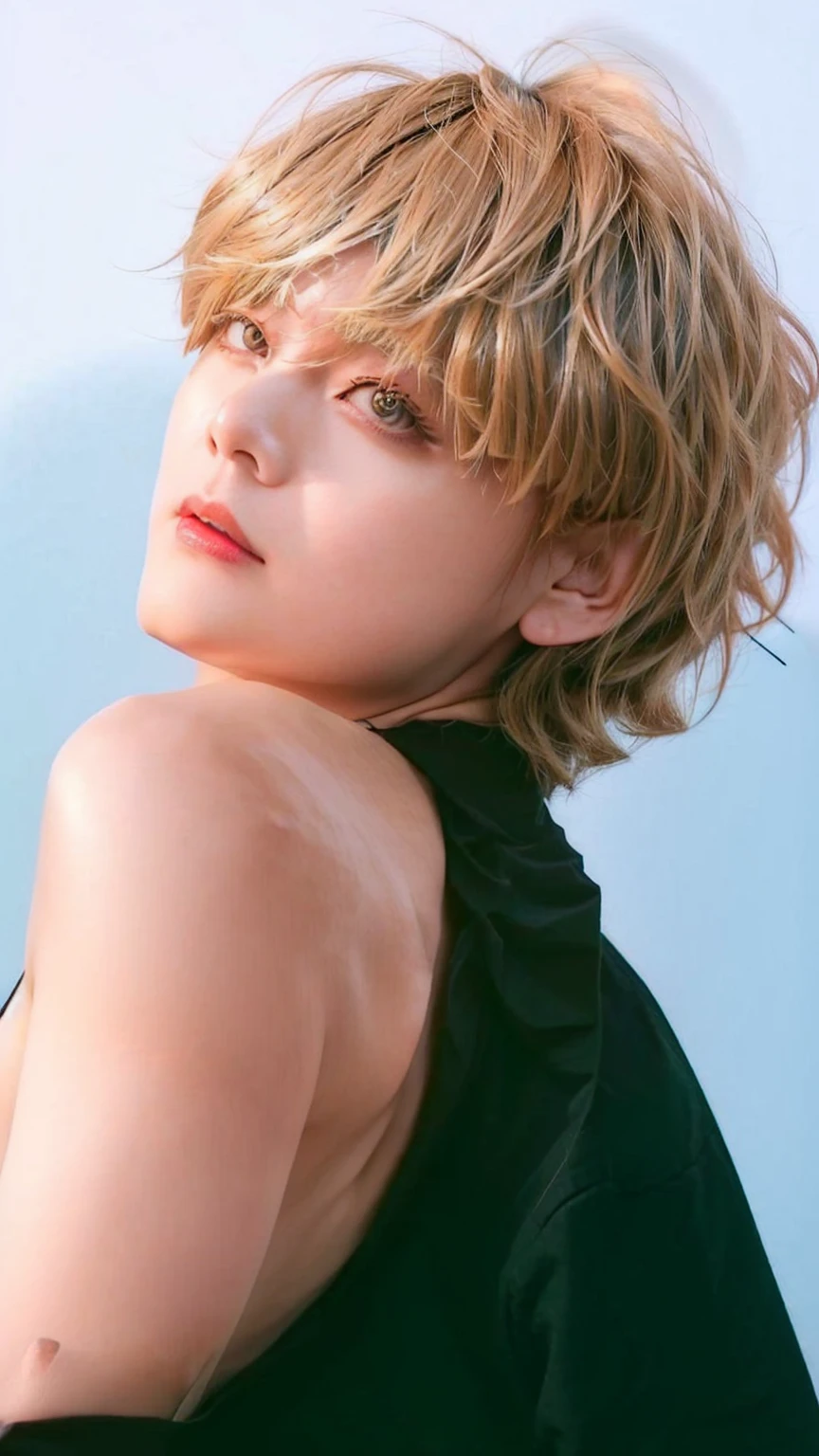 a close-up of a person with a black blouse and blonde hair, cai xukun, taehyung, main visuals of the anime, portray a woman as reo, Kim taehyung, with short hair, por taehyung, Sui Ishida, ayami you are, also, macoto takahashi, offcial art, than