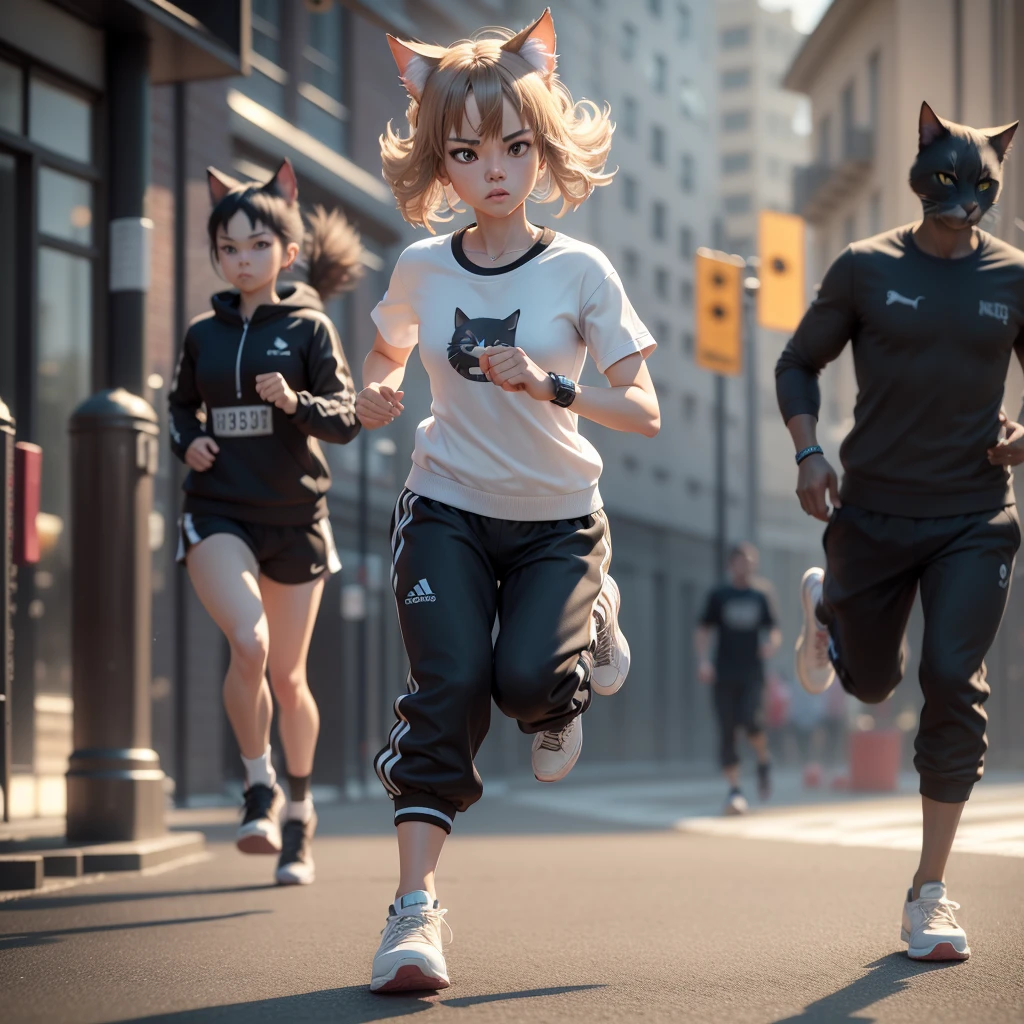 A photorealistic 3D detailed character, jogging pose, neko cat style, eccentric sneakers, hyperrealistic, cinematic lighting, highly detailed, intricate textures, dynamic motion blur, 4K, hyper detailed