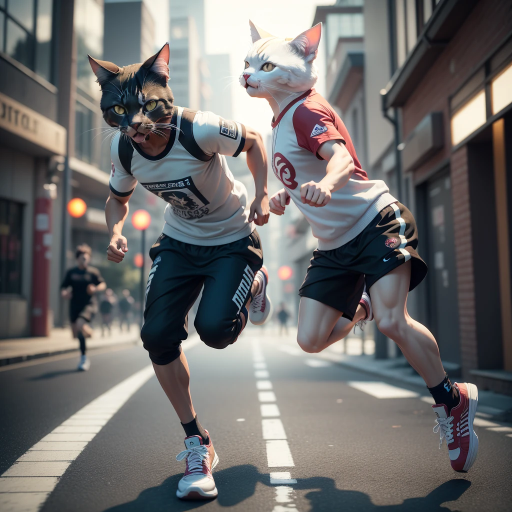 A photorealistic 3D detailed character, jogging pose, neko cat style, eccentric sneakers, hyperrealistic, cinematic lighting, highly detailed, intricate textures, dynamic motion blur, 4K, hyper detailed
