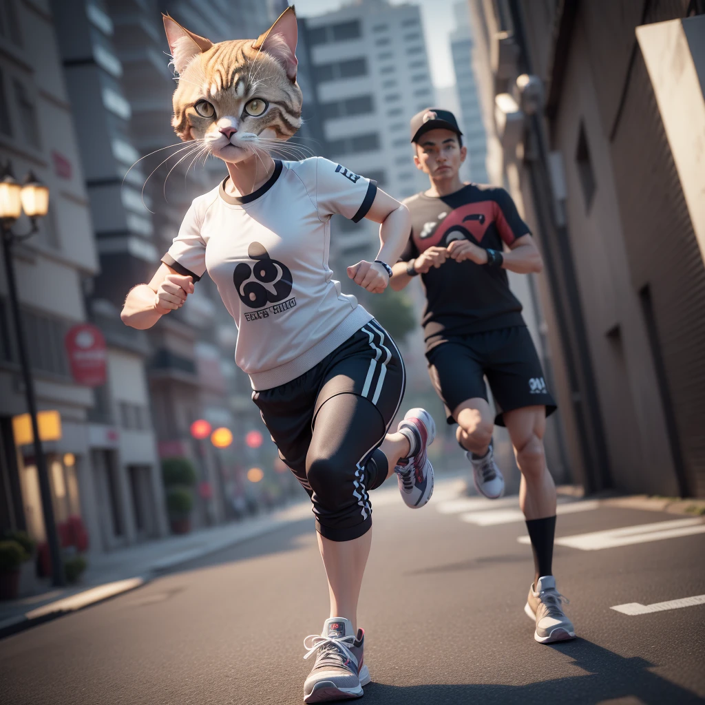 A photorealistic 3D detailed character, jogging pose, neko cat style, eccentric sneakers, hyperrealistic, cinematic lighting, highly detailed, intricate textures, dynamic motion blur, 4K, hyper detailed