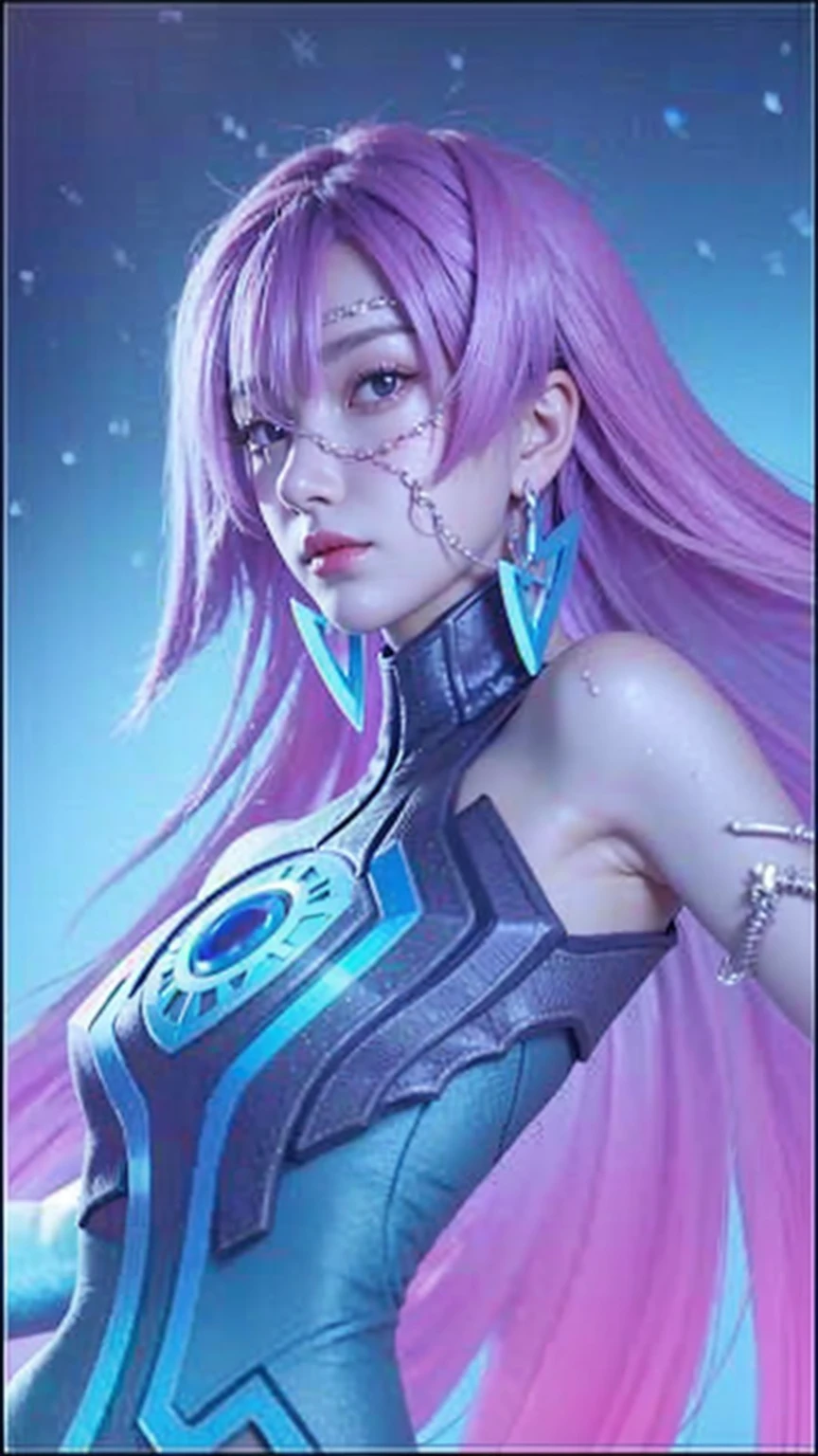 girl, purple hair, blue armor sleeveless dress, blue glove