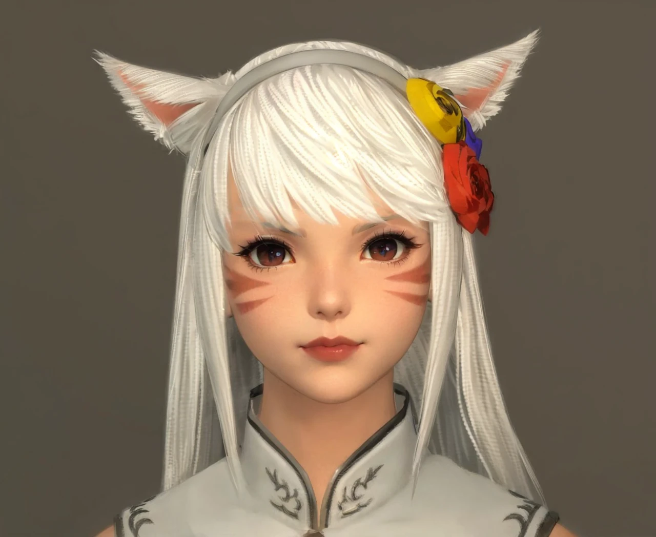 Catgirl, white hair, red lips, (((cat eyes))), two horizontal face clan marks, studio rim lighting, gentle pouting smile