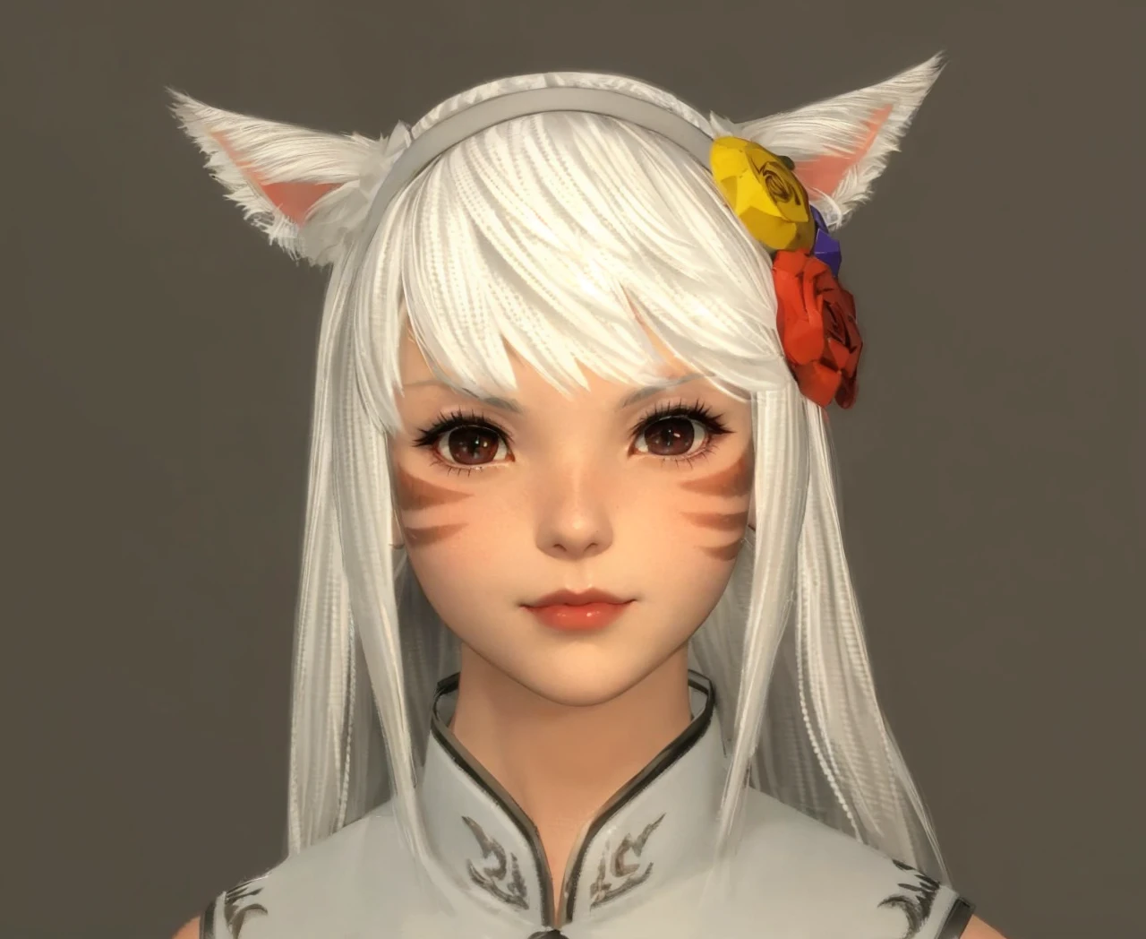 Catgirl, white hair, red lips, (((cat eyes))), two horizontal face clan marks, studio rim lighting, gentle pouting smile