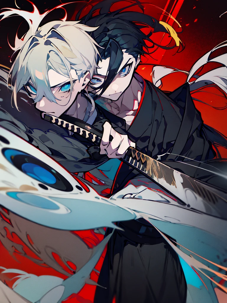 a close up of a person with a sword and a guy with a red dress, handsome guy in demon slayer art, best anime character design, detailed anime character art, anime character; full body art, anime character design a death god, character adoptable, handsome japanese demon boy, bloody + concept art, official character art, onmyoji detailed art, beautiful male god of death a close up of a person in a black dress with a gold belt, flowing white robes, white haired deity, genshin impact character, golden-black robes, picture of a male samurai and death god, d&d dark sun character art, official character art, portrait of ororo munroe, holding a katana, holding a katana, holding a katana, holding a katana, holding a katana, bloody, bloody, bloody, bloody, red and golden effects, red and golden effects, red effects, golden effects,black hair, black hair, black hair, black hair, black hair, golden effects, golden effects, BLUE eyes, BLUE eyes, BLUE eyes, BLUE eyes