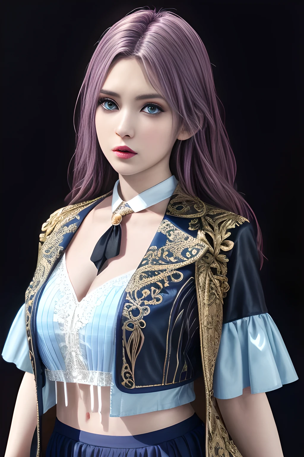 1girl,The upper body is a dark blue short-sleeved suit jacket, paired with a white shirt and a black tie. The jacket is decorated with white stripes, which adds a sense of fashion and layering. The lower body is a dark blue skirt that matches the jacket, ,beautiful detailed eyes, beautiful detailed lips, extremely detailed eyes and face, long eyelashes, best quality, 4k, 8k, highres, masterpiece, ultra-detailed, realistic, photorealistic, photo-realistic, ethereal glow, regal elegance, intricate details, luxurious, otherworldly beauty, dark atmospheric background, supernatural aura, elise,