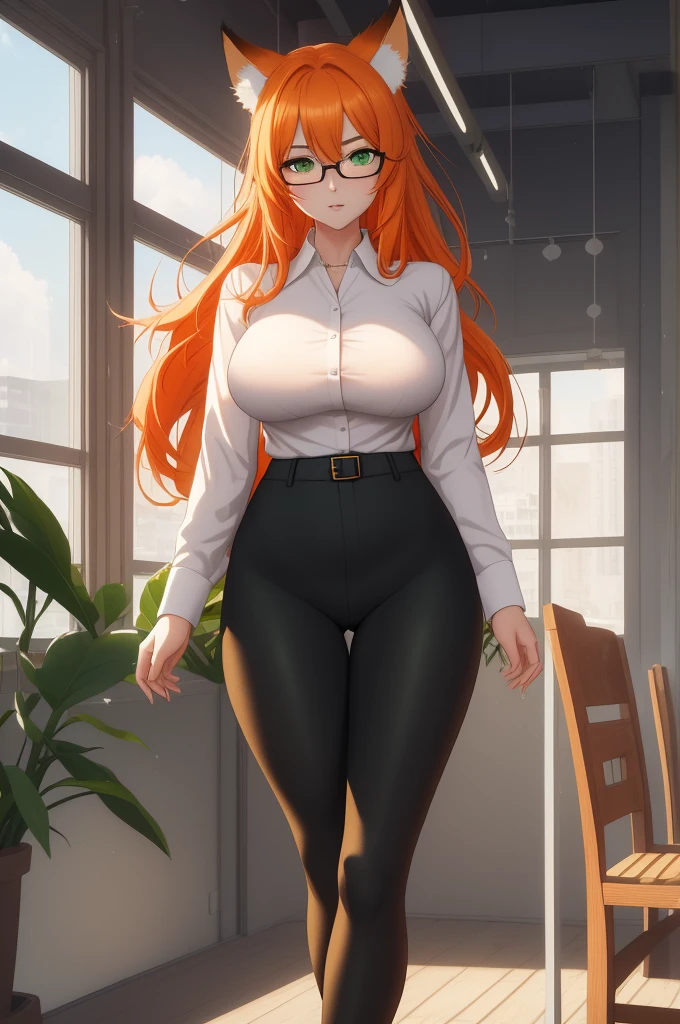 (masterpiece, Best quality), 8K, ultra detailed, realistic photo, Detailed face, perfect lighting, green eyes, bright orange hair, bright hair, fox ears, nice legs, side photo, beautiful, Cute, skin pores, 1 girl, perfect shirt, fully dressed, beautiful women 30 years old, Beautiful proportions, Russian woman, Caucasian, European, Business lady, stunningly beautiful woman, mother, thick legs, show ass, big breasts, (Thin white shirt:1.4), thick, hot, (White Office Wear:1.4), tight pants, (wide hips:1.2), thick, (white Office pants:1.3), spread your legs, Legs open, full length, wide hips, Glasses, with long orange hair, standing on the beach near the ocean, green eyes detailed digital anime art, cat ear, anime girl with long hair, гладкое аниме cg art, anime girl with long hair, digital anime art, work in Guweiz style, Beautiful anime portrait, Photorealistic render of an anime girl, pantyhose, Beautiful anime girl, advanced digital anime art, guweiz на artstation pixiv HD UHD HQ