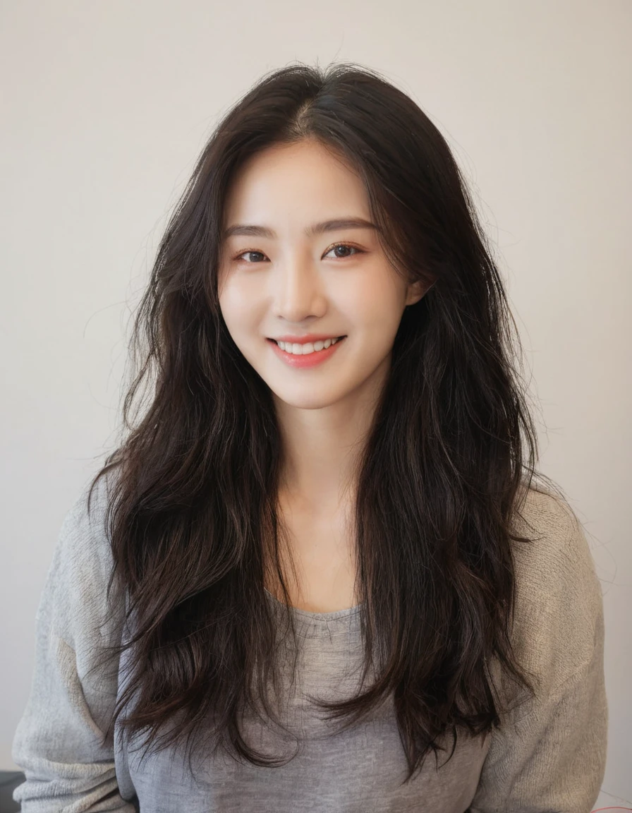 Best Quality, 8k, Masterpiece, (Portrait: 1.3), (photo realistic:1.4), (hyper realistic:1.4), Sharp Focus, looking at viewer, (smoother lighting:1.1), (increase cinematic lighting quality:0.9), realistic lighting, backlighting, light on face, ray trace, (brightening light:1.2), (Increase quality:1.4), sharp detail, (best quality real texture skin:1.4), finely detailed eyes, black_eyes, finely detailed face, 25 year old Korean woman, smiling_face