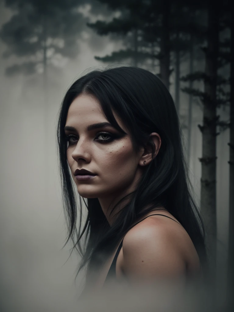 work of art, ultra realistic, 8k, perfect, a beautiful young woman, 25 years old, perfect face, menacing, dark makeup, black hair, dressed as a witch, worn out clothes, dark forest in the background, soft fog, low light, dark weather, watercolor painting