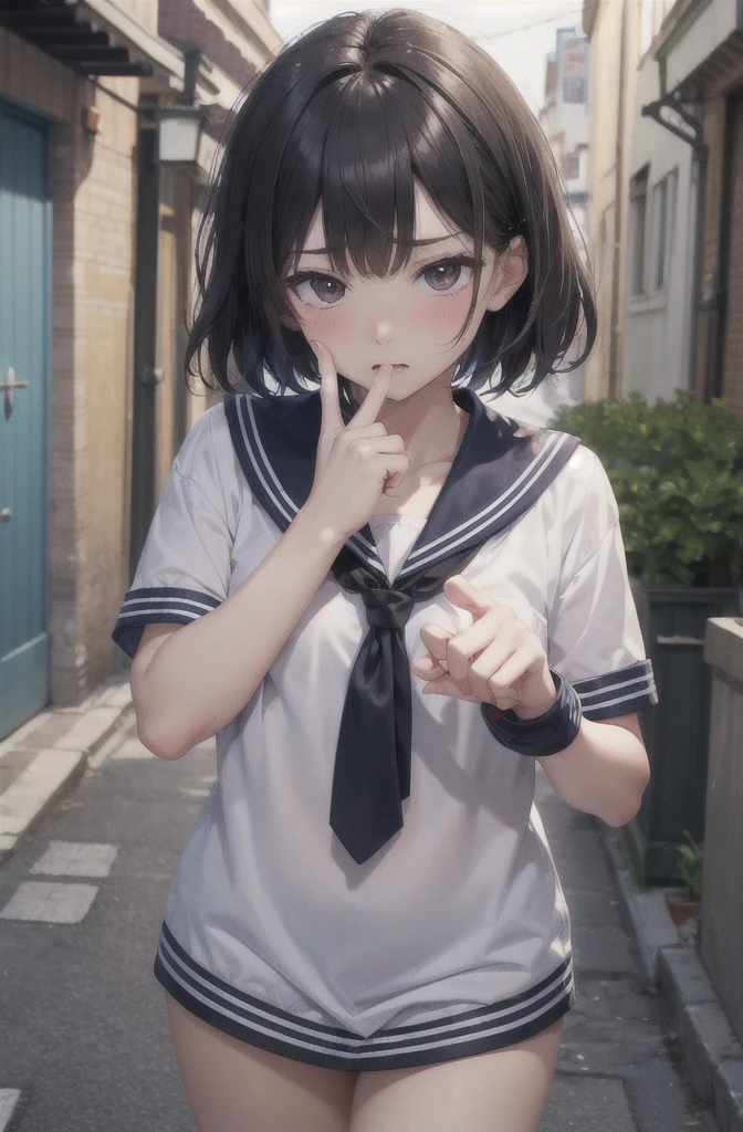 Highest quality , High resolution , Detailed CG , short hair , Sailor suit , Modest chest , Black Hair , thumb、index finger、Middle finger、ring finger、小指のOptimal ratio , Two limbs , Optimal ratio , Embarrassed expression , Burning cheeks , In town , Alley ,  , touching one&#39;s own breasts with one&#39;s own hands , Facial expression when orgasm is reached , Panties are visible through the gap in the skirt