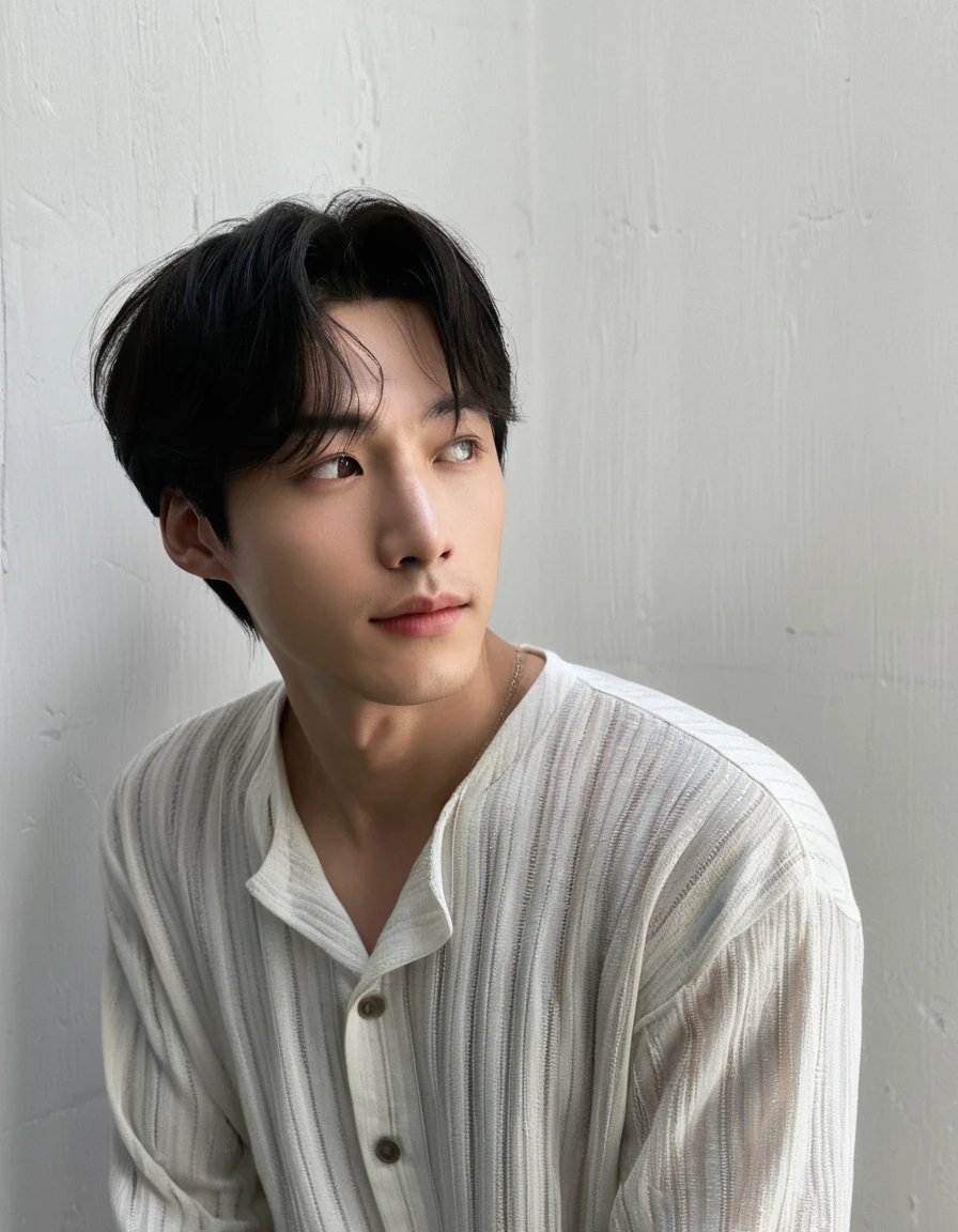 Best Quality, 8k, Masterpiece, (Portrait: 1.3), (photo realistic:1.4), (hyper realistic:1.4), Sharp Focus, looking at viewer, (smoother lighting:1.1), (increase cinematic lighting quality:0.9), realistic lighting, backlighting, light on face, ray trace, (brightening light:1.2), (Increase quality:1.4), sharp detail, (best quality real texture skin:1.4), finely detailed eyes, black_eyes, finely detailed face, 25 year old Korean man, (white formal_shirt:1.4), (Create an image maintaining the original base model hairstyle:1.5)