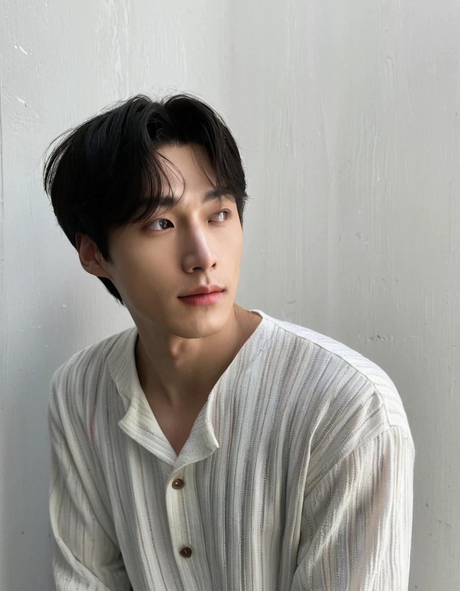 Best Quality, 8k, Masterpiece, (Portrait: 1.3), (photo realistic:1.4), (hyper realistic:1.4), Sharp Focus, looking at viewer, (smoother lighting:1.1), (increase cinematic lighting quality:0.9), realistic lighting, backlighting, light on face, ray trace, (brightening light:1.2), (Increase quality:1.4), sharp detail, (best quality real texture skin:1.4), finely detailed eyes, black_eyes, finely detailed face, 25 year old Korean man, (white formal_shirt:1.4), (Create an image maintaining the original base model hairstyle:1.5)