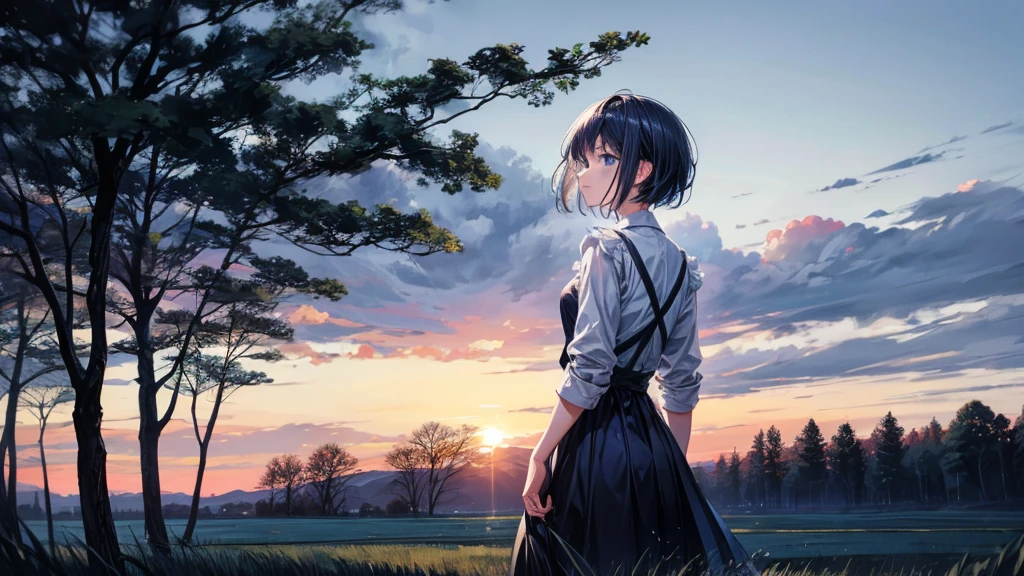 girl turning her back to the camera, blue atmosphere dusk, Field, trees, short hair,