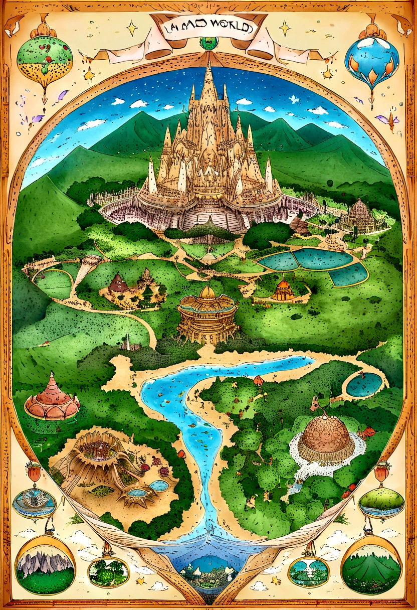 Map of a world D&D with Star Forest, Luminous Dragon Mountains, Lakes of water nymphs, fairy cities, Desert of the Enigmatic Sphinxes, fairy light caves, Temples of the shooting stars, Earth Gnome Villages, Mermaid Island, Unicorn Valleys, Temple of Eternal Time