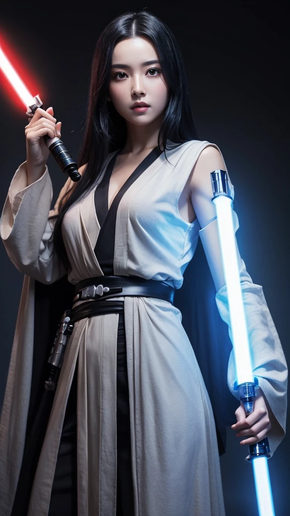 A beautiful black-haired woman transformed into a Jedi Knight stands holding a lightsaber in her hand