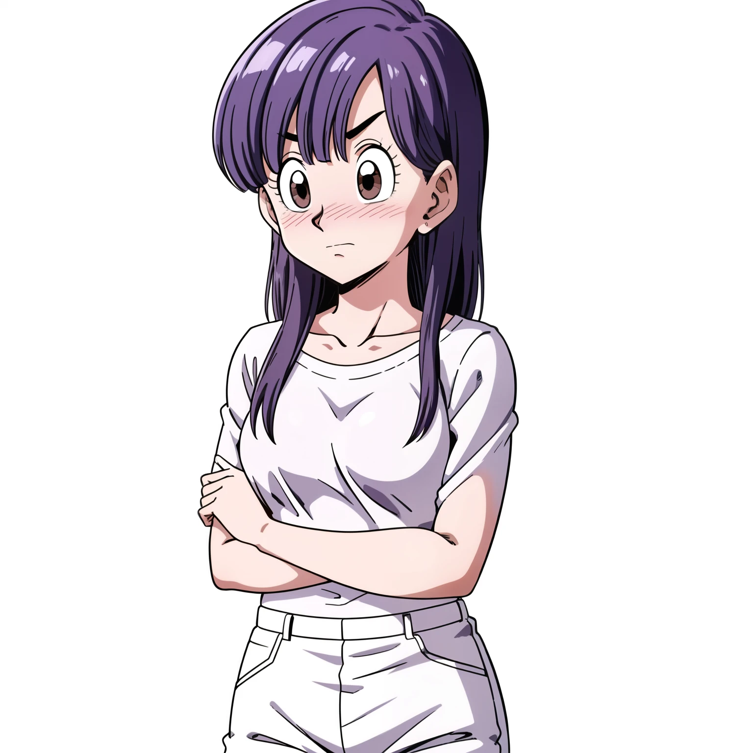 Bloomers, Cell Saga, Semi-long hair, Purple Hair, No bangs, Brown eyes, One girl, alone, Cross your arms, White shirt, White pants, From the side, blush, Look to the side, Wind, eyelash, From the chest up, Embarrassed, Raise your eyebrows, Simple Background, White Background, Show your amount, breast enhancement