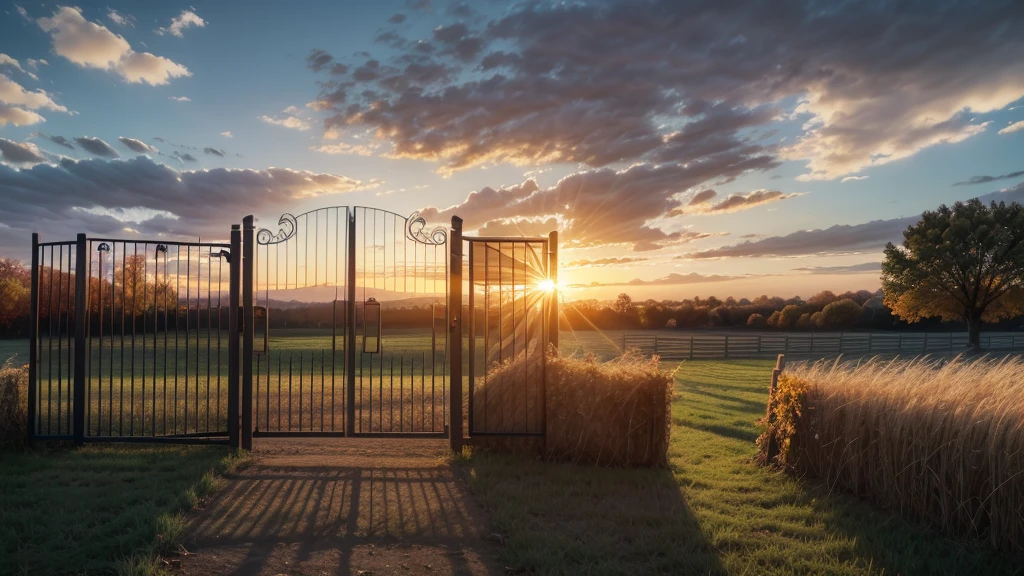 sunset, Field, gate, sun, clouds, trees, autumn, fallen leaves