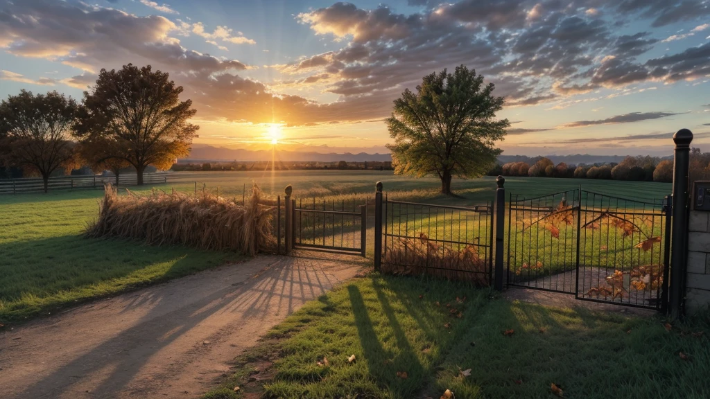 sunset, Field, gate, sun, clouds, trees, autumn, fallen leaves