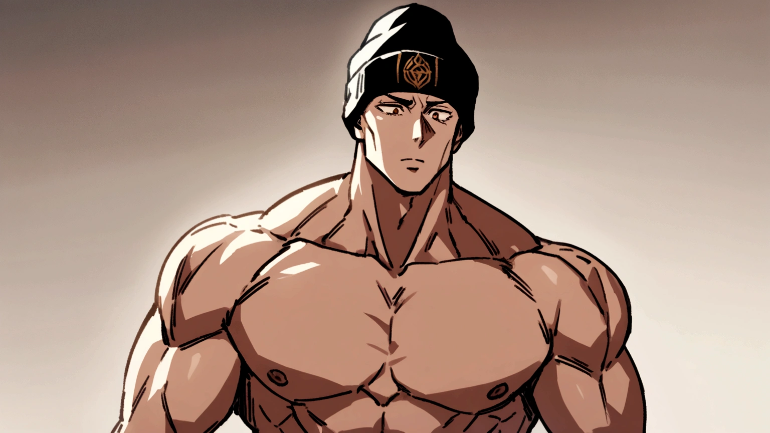 Muscular boy with medium brown hair and black beanie hat floating like Gojo from the anime Jujutsu Kaisen meme "I am the honored one"

