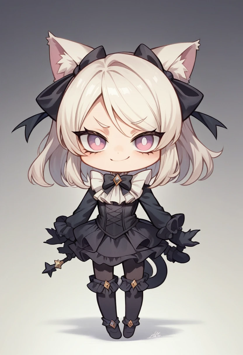 (best quality,4k,highres,ultra-detailed,masterpiece:1.3), black cat, Anime girl, yandere, stylized, cute kawaii animals, Fine art, chibi caracter, smirk