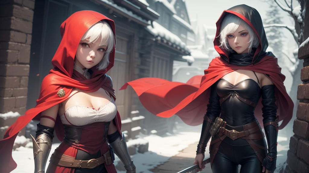 little Red Riding Hood,Fantasy World,White short hair,Sexy body,tall,slim,Wearing tights,Red and gold eyes,With a musket in his hand,Wearing black,Hair with red highlights,Wearing leather armor,Metal arm armor,Wears a red hood,Wear a shawl,The shawl is very short,Wearing long boots,side fringe,Hips,Royal sister,Demon hunter,High and cold