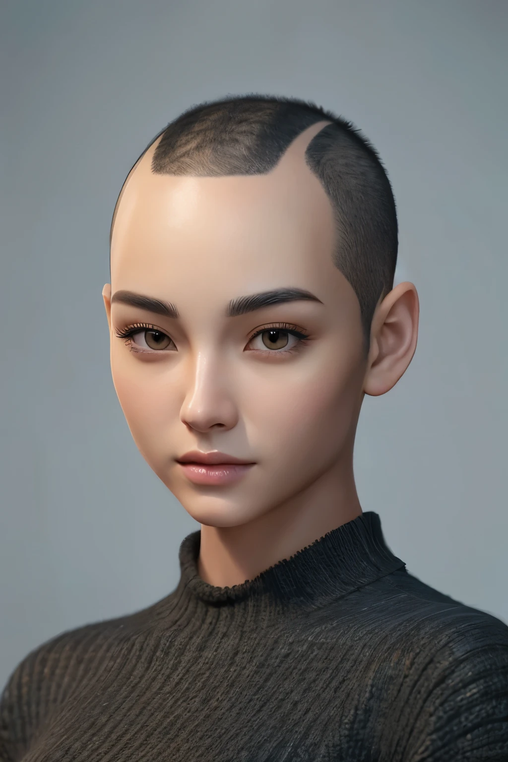 masterpiece, pretty asian girl, very detailed face, render, style photos, (((just the head)), bald, swag,no makeup, realistic