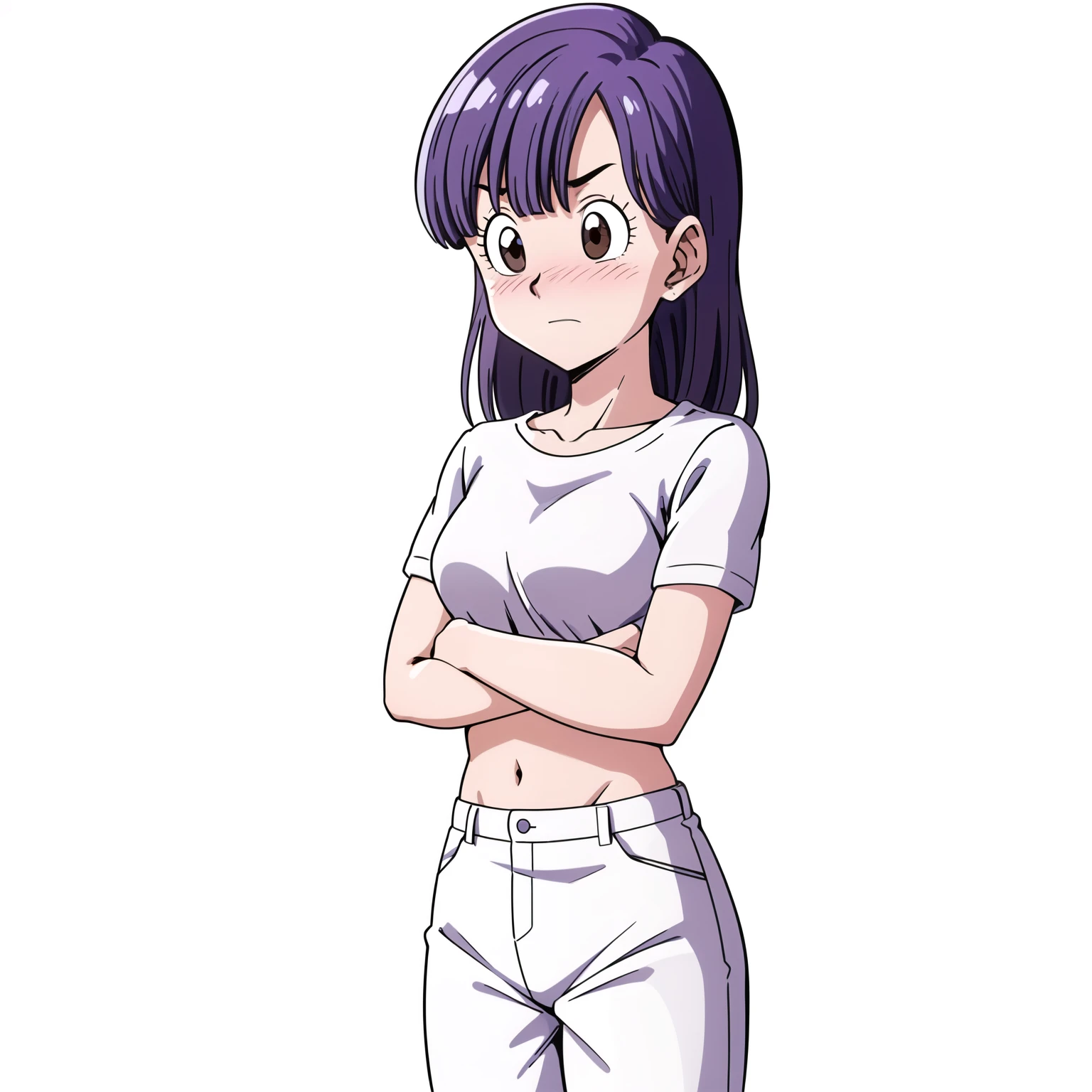 Bloomers, Cell Saga, Semi-long hair, Purple Hair, No bangs, Brown eyes, One girl, alone, Cross your arms, White shirt, White pants, From the side, blush, Look to the side, Wind, eyelash, From the chest up, Embarrassed, Raise your eyebrows, Simple Background, White Background, Show your amount, breast enhancement