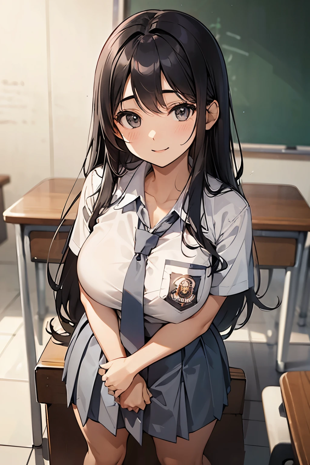 1 woman, 17 years old, black curly long hair, plump body, black eyes, Indonesian high-school uniform, white shirt, osis logo on shirt pocket, natural big breasts, light-grey pleated skirt, full body shot, smiling, in the classroom.