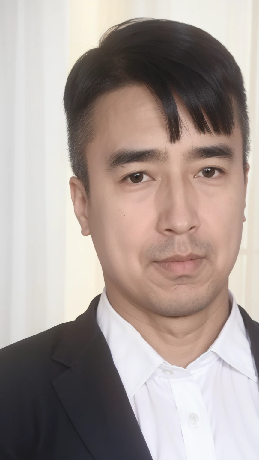 40-year-old male， Soft headlight，High-density imaging，（Clean and delicate face），（Thin face）((Black suit))，((Various dynamic poses))，((White curtains in the background))，best quality，masterpiece，（Soft colors：1.2）