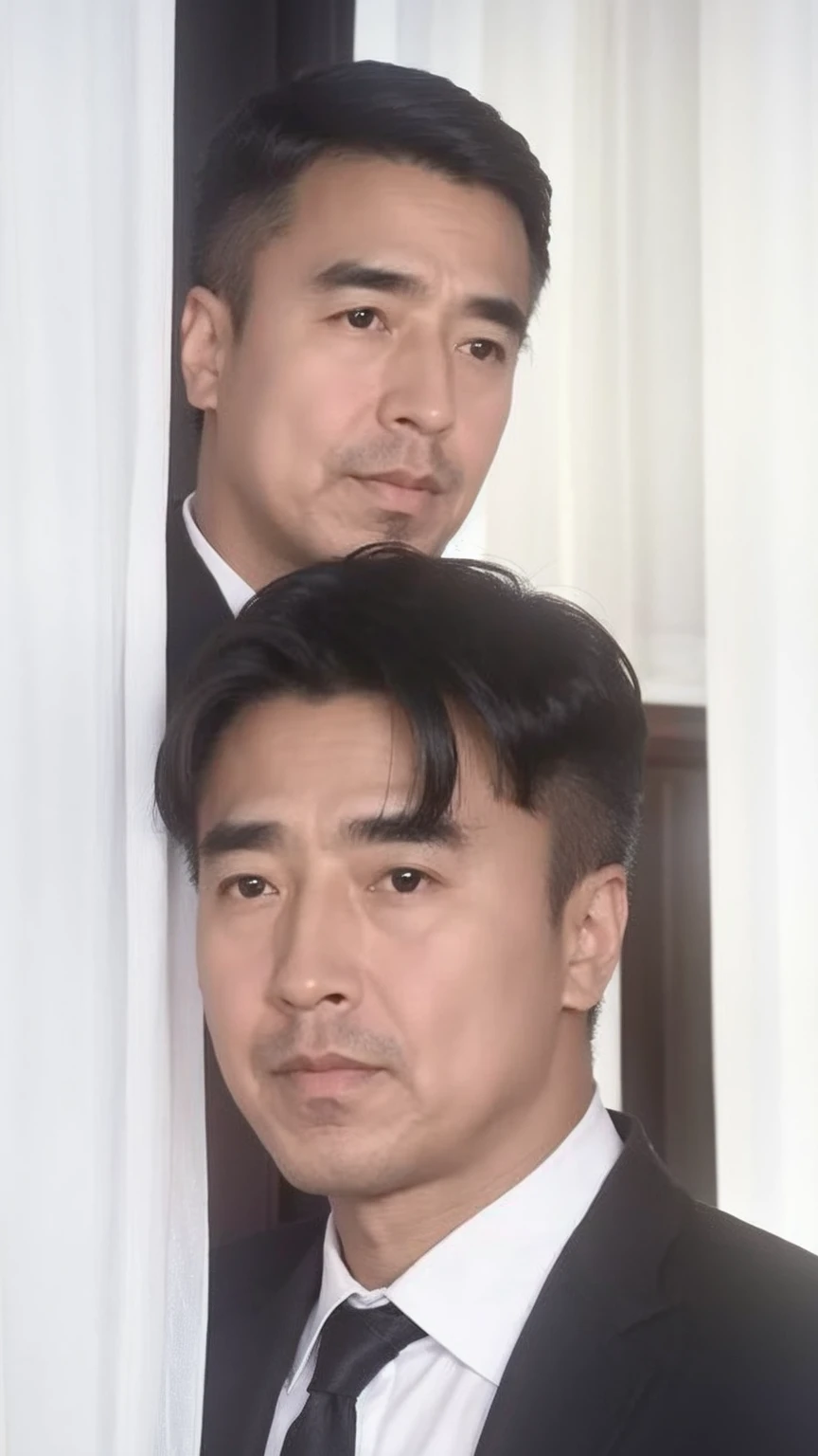 40-year-old male， Soft headlight，High-density imaging，（Clean and delicate face），（Thin face）((Black suit))，((Various dynamic poses))，((White curtains in the background))，best quality，masterpiece，（Soft colors：1.2）