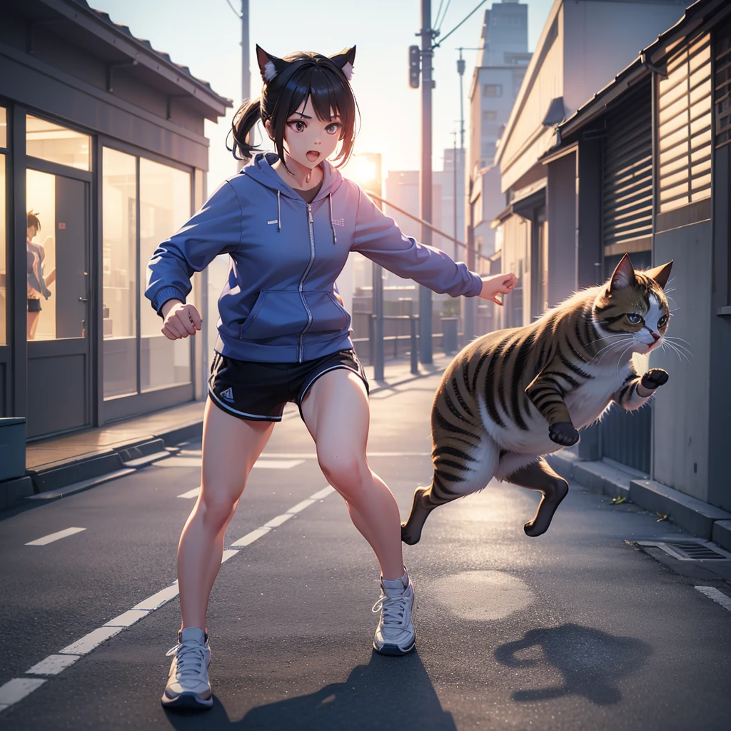 A photorealistic 3D detailed character, jogging pose, neko cat style, eccentric sneakers, hyperrealistic, cinematic lighting, highly detailed, intricate textures, dynamic motion blur, 4K, hyper detailed