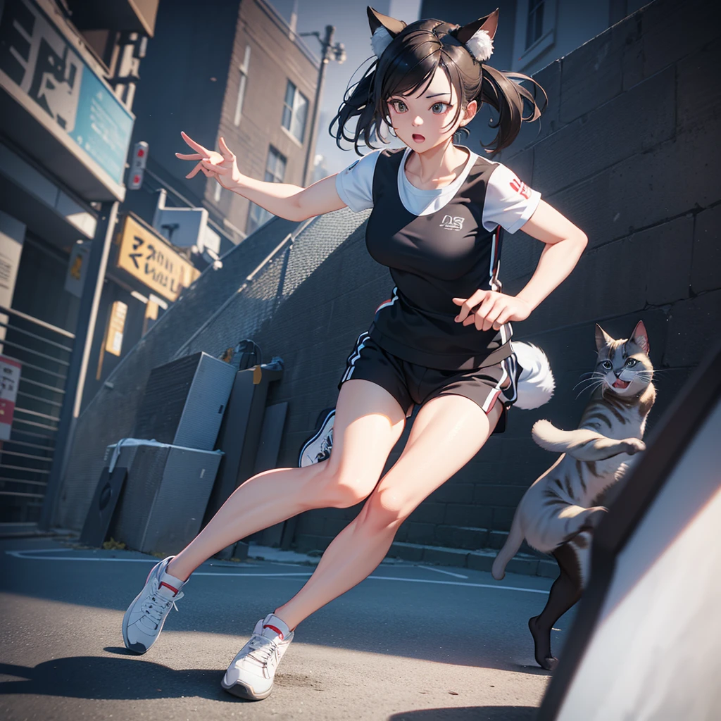 A photorealistic 3D detailed character, jogging pose, neko cat style, eccentric sneakers, hyperrealistic, cinematic lighting, highly detailed, intricate textures, dynamic motion blur, 4K, hyper detailed