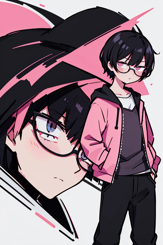 black pants, Sharp image, man, Black hair with pink ends, wearing a pink jacket. , has a dull, bored face, wears round glasses, has short, neat hair,