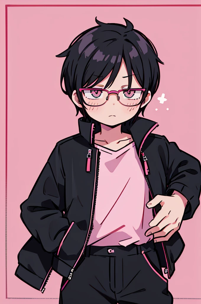 black pants, Sharp image, man, Black hair with pink ends, wearing a pink jacket. , has a dull, bored face, wears round glasses, has short, neat hair,