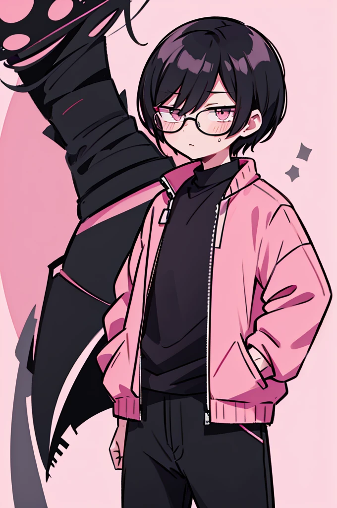 black pants, Sharp image, man, Black hair with pink ends, wearing a pink jacket. , has a dull, bored face, wears round glasses, has short, neat hair,