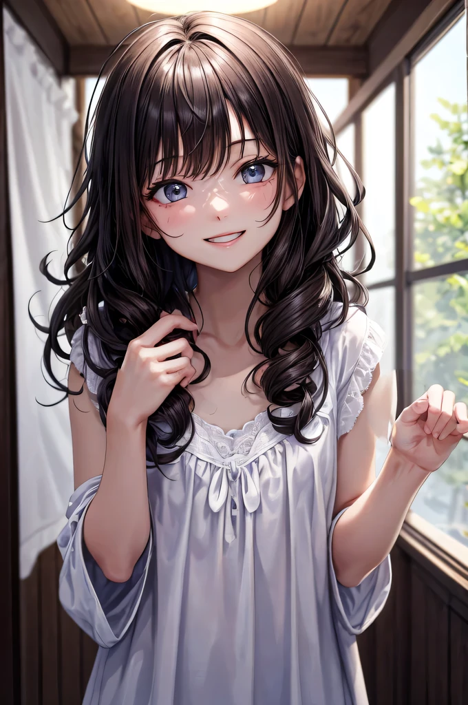 masterpiece, Highest quality, Ultra-detailed, 8K resolution, RAW Photos, (One girl),small, Gorgeous face, Japanese and Russian mix, Perfect body, 18-year-old, sexy nightgown, Happy, Photo pose, Long Curly Hair, Messy Hair, smile, night, Kissing Face
