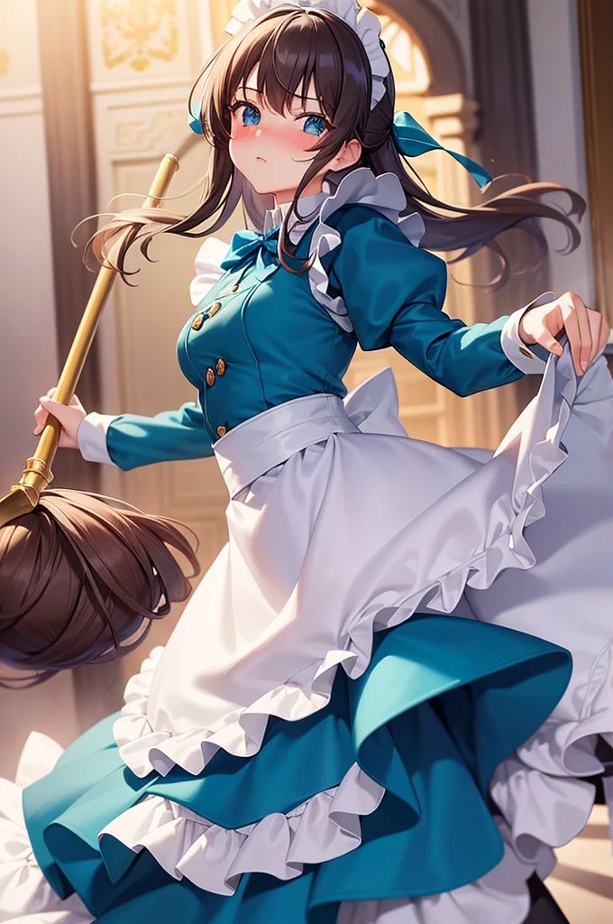 masterpiece, best quality,1girl, solo,whtie hair,medium hair,blue eyes,long sleeves,juliet sleeves,apron,maid,maid headdress,puffy sleeves,green dress,vest,buttons, white thighhighs,standing, looking at viewer, nose blush, (holding fluffy mop:1.2),