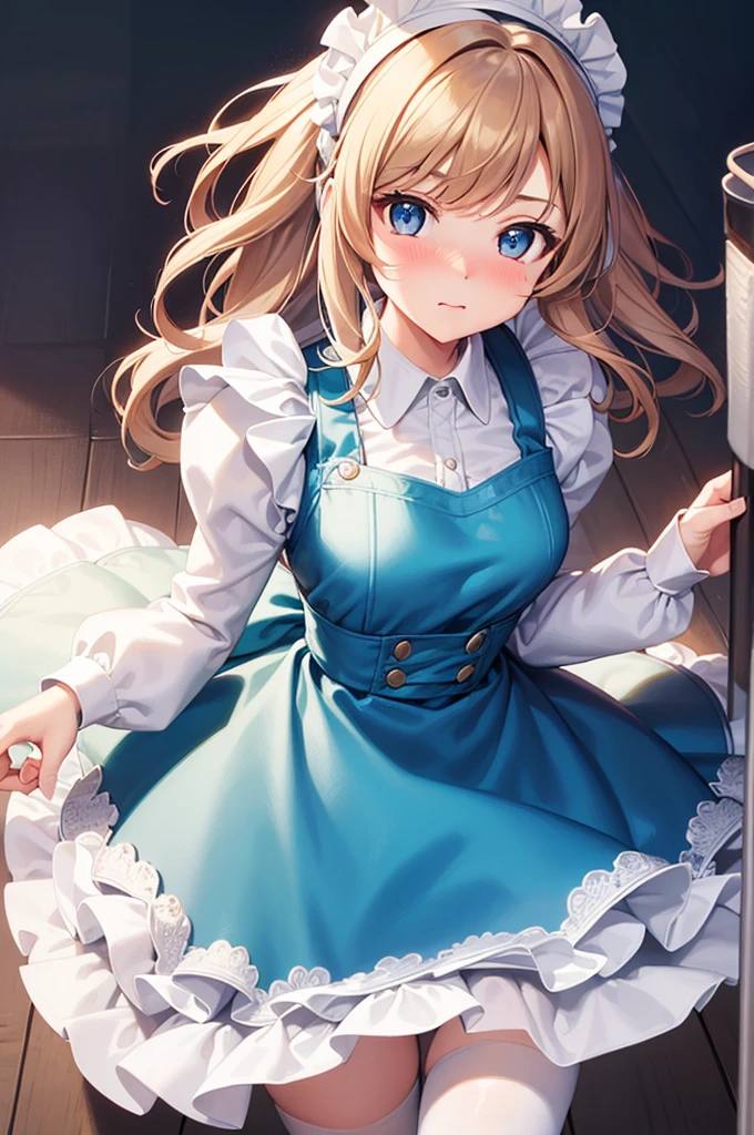 masterpiece, best quality,1girl, solo,whtie hair,medium hair,blue eyes,long sleeves,juliet sleeves,apron,maid,maid headdress,puffy sleeves,green dress,vest,buttons, white thighhighs,standing, looking at viewer, nose blush, (holding fluffy mop:1.2),
