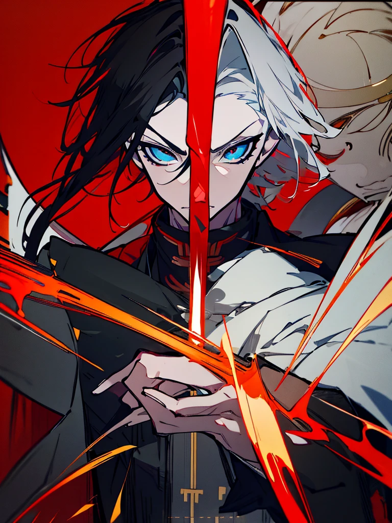a close up of a person with a sword and a guy with a red dress, handsome guy in demon slayer art, best anime character design, detailed anime character art, anime character; full body art, anime character design a death god, character adoptable, handsome japanese demon boy, bloody + concept art, official character art, onmyoji detailed art, beautiful male god of death a close up of a person in a black dress with a gold belt, flowing white robes, white haired deity, genshin impact character, golden-black robes, picture of a male samurai and death god, d&d dark sun character art, official character art, portrait of ororo munroe, holding a katana, holding a katana, holding a katana, holding a katana, holding a katana, bloody, bloody, bloody, bloody, red and golden effects, red and golden effects, red effects, golden effects,black hair, black hair, black hair, black hair, black hair, golden effects, golden effects, BLUE eyes, BLUE eyes, BLUE eyes, BLUE eyes