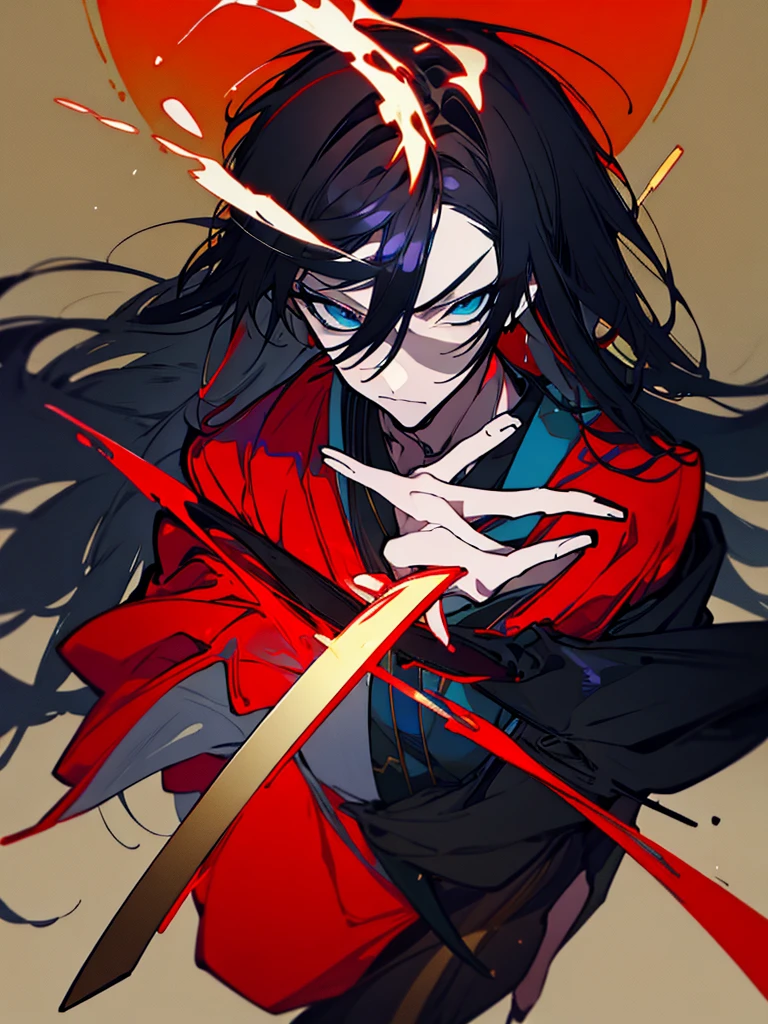 a close up of a person with a sword and a guy with a red dress, handsome guy in demon slayer art, best anime character design, detailed anime character art, anime character; full body art, anime character design a death god, character adoptable, handsome japanese demon boy, bloody + concept art, official character art, onmyoji detailed art, beautiful male god of death a close up of a person in a black dress with a gold belt, flowing white robes, white haired deity, genshin impact character, golden-black robes, picture of a male samurai and death god, d&d dark sun character art, official character art, portrait of ororo munroe, holding a katana, holding a katana, holding a katana, holding a katana, holding a katana, bloody, bloody, bloody, bloody, red and golden effects, red and golden effects, red effects, golden effects,black hair, black hair, black hair, black hair, black hair, golden effects, golden effects, BLUE eyes, BLUE eyes, BLUE eyes, BLUE eyes