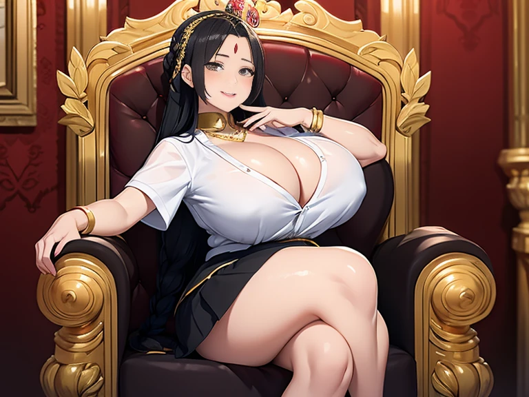 Perfect detail, Special details, Highest quality,Full body image,expensive, 女性One person,A satisfied smile A confident face,Triumphant Face、conceit、わがままEmpress、sense of beauty、Overwhelming Dominance、Overwhelming power、Overwhelming destructive power、Empress、Elegant face、Maternal Instinct、round face、View Viewer, Black Hair, Braid,,One person , Side bang, Partially  forehead, Dark brown eyes, Mature Body, Perfect body, Tolerant、Large ,Big .Sweaty body,Open your mouth、 blush, .White Shirt, , Black Skirt.,Gold Jewelry,Gold Bracelet,Gold Collar、 Luxurious crown,, necklace, Pursing your lips、 A light smile, Drunk, expensiveディテール, Depth of written boundary, 1080P, 16K, Awards, High resolution, Highest quality, masterpiece, 超High resolution, Anatomically correct, Super detailed,Full body image,、Realistic、Perfect bodyライン、、school uniform　White Shirtが破れる　 overflowing from the  World domination　Her Majesty　high school girl　sitting on the throne images　Full body image　Charm　Attracting the opposite  During 