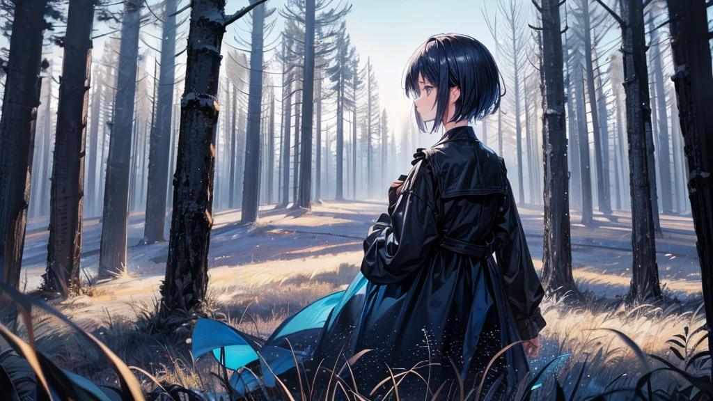 girl turning her back to the camera, blue atmosphere dusk, darkness, Field, trees, short hair,