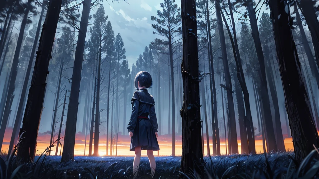 girl turning her back to the camera, blue atmosphere dusk, darkness, Field, trees, short hair,