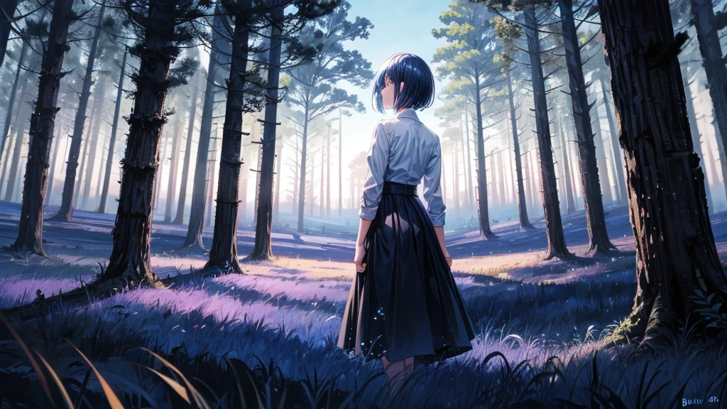 girl turning her back to the camera, blue atmosphere dusk, darkness, Field, trees, short hair,