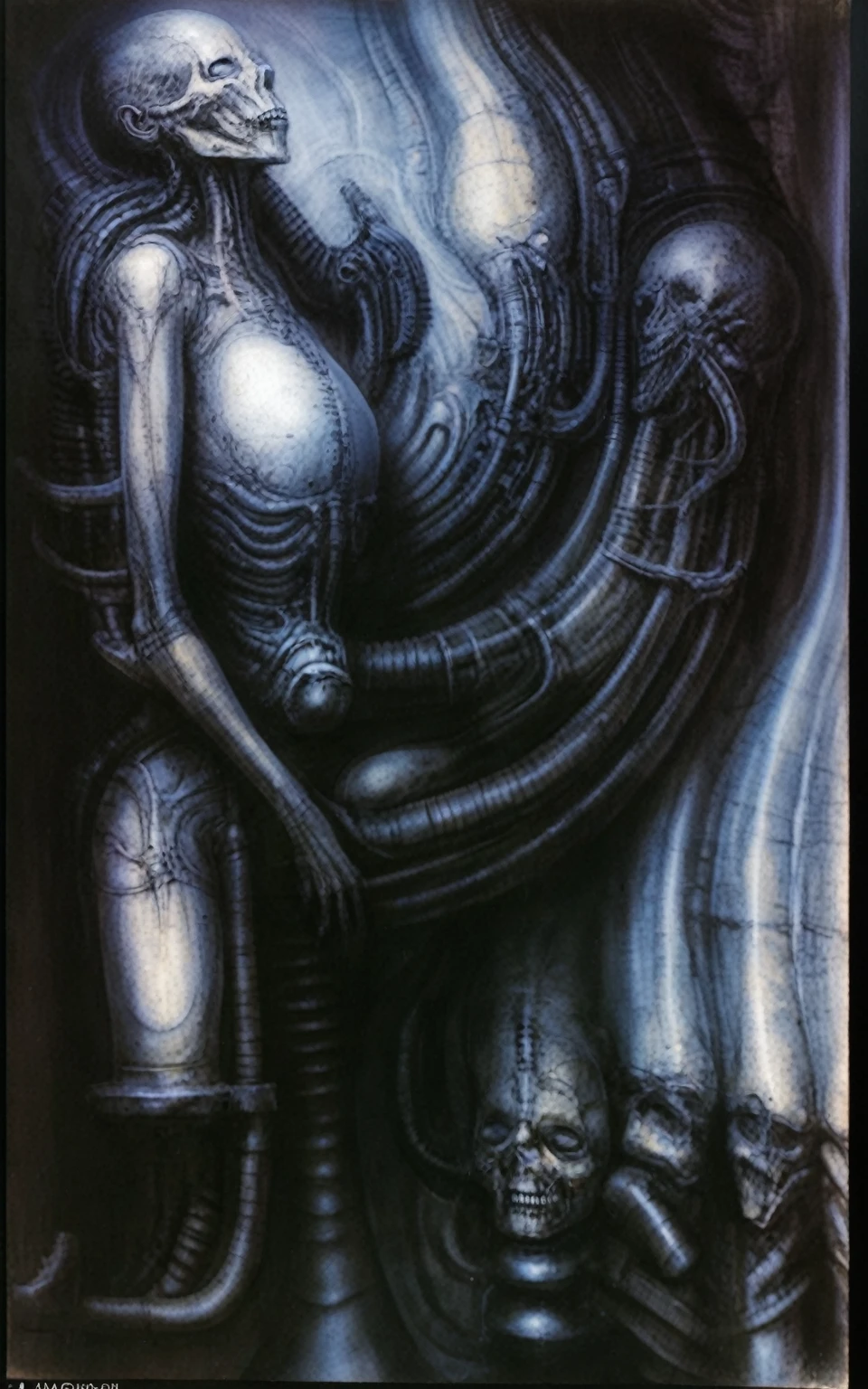 
The image is a detailed view of H.R. Giger's \" Landscape XVI \" plate, featuring a complex network of bones and organs in a purple-brown hue ,swirling gray and brown colors. The artwork is silver and purplish brown, with an ivory bones prominently displayed. The image is highly detailed and intricate, almost like a 3d version of a medical diagram 
The image is an artistic representation of a mechanical structure with pipes and gears, with a skeletal creature and a windmill blade.

biomechanical landscape by Hans Rudie Giger composed of fossilized and mummified alien life forms. Image depicts a strange and dreamlike, combines biological and mechanical ,managed  to dreamlike quality. Centralized recognizable shapes of skulls, rib cages, and spines, all intertwined with tubes and cables. These shapes suggest fossilized mummified alien life forms. Central skeletal structures and what appears to be a ribcags of ivory in the foreground are the most identifiable organic elements. The mechanical elements are evident in the wires and tubes emanating from the skeletals, as well as the smooth metallic tubes. In the background shapes are visible that could be interpreted as other fossilized or mummified alien life.
Light source from the top highlights skeletals, upper part of foreground, lower part of image is in shadow. 


The piece is a tableau, most likely created with a India ink pen or pencil on paper, determined by the thin lines, shading techniques, and the texture of the paper, which is visible around the edges.
used is pen, given the shading and variations in line weight visible in the image. One have used a variety of pencils with different degrees of hardness to achieve the shading effects

The style  is clearly biomechanical. Features combination of organic and mechanical forms. Mechanical elements dominate the composition, there are subtle organic hints. The use of undersaturated purple-grays dark contrasts creates a stark and graphic look. Is used a variety of l