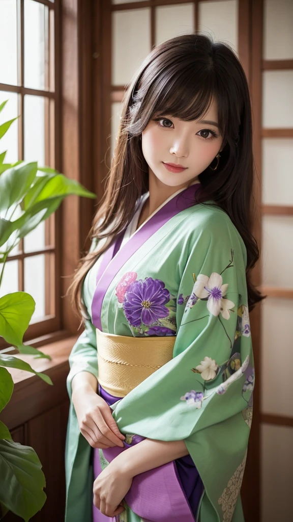 Highly detailed digital illustration、purple色の精巧な髪飾りを付けた長い直毛の黒髪の若い女性が描かれています。She is wearing a dark traditional Japanese kimono.、pink、purple、Decorated with vibrant green floral print。Her kimono is elegant in style.、You can see the red collar below.。The woman holds a delicate translucent fan decorated with floral patterns close to her face。.、creates soft shadows。Her expression is calm and confident.、Lift your lips slightly、The gaze is directed to the side。In the background there is a traditional wooden window decorated with green leaves.、It suggests calmness, Sunny environment.。The lighting is natural、The sunlight coming through the window illuminated her face..、Emphasise its features。The overall atmosphere is quiet and sophisticated..、Capture the classy moment。