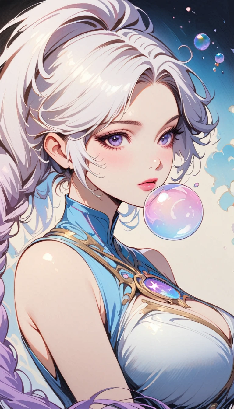 A painting of a woman in a dress blowing bubbles, Roysh and Wow, Mysterious Bubbles, Moebius + Roysh + Wow, Dreamy details, intricate Wow, A close-up fantasy using the magic of water, fairy tale artwork, Fairy tale painting, Anna Dittmann style, Wow art, Realistic fantasy painting, Artgerm Julie Bell Beeple